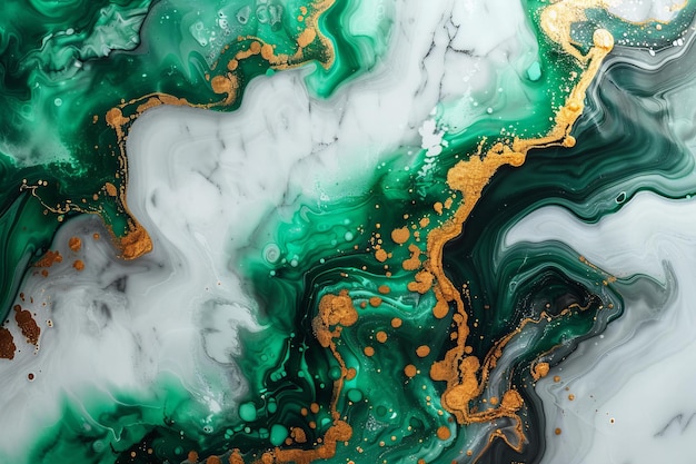 Digital image of aerial view of white marble surface with emerald green and gold abstract fluid art