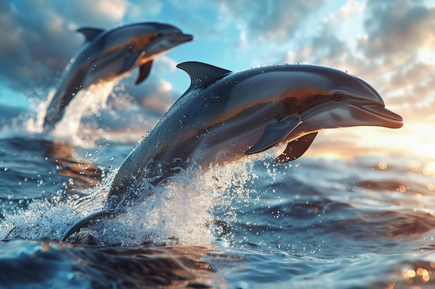 Digital image of beautiful dolphin jumping out of the water at sunset photo realistic wide angle