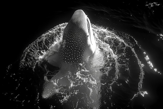 Photo digital image of black and white photography of a whale shark from above in dark water at night time