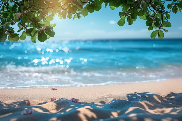 Digital image of blurred background of beautiful sandy beach with blue sea and bokeh summer vacatio