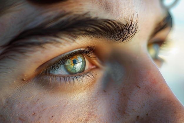 Digital image of closeup of male eyes looking towards the horizon with focused gaze and natural ski