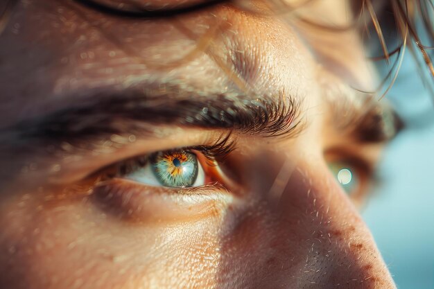 Digital image of closeup of male eyes looking towards the horizon with focused gaze and natural ski