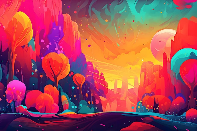 Digital image of colorful landscape with trees and mountains in the background Generative AI