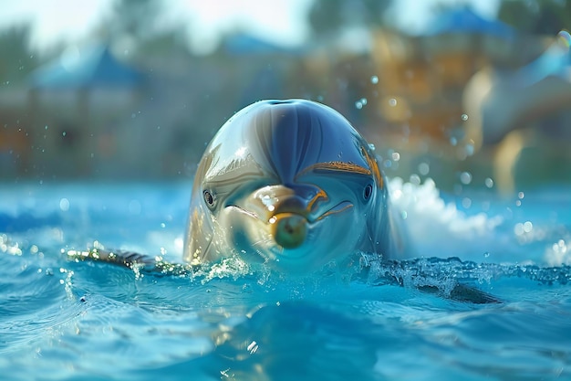 Digital image of cute dolphin is swimming in the blue water of an amusement park with its head abo