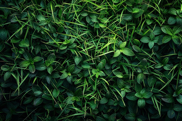 Digital image of dark green grass texture background top view closeup no figures or objects in th