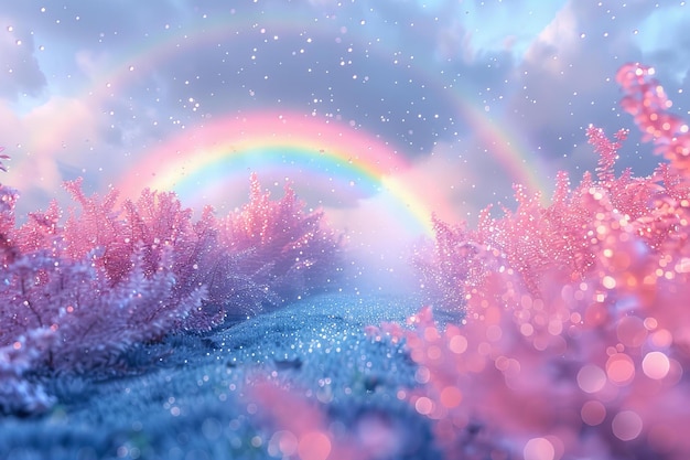 Digital image of double rainbow arches across the sky with vibrant colors of pink and blue against