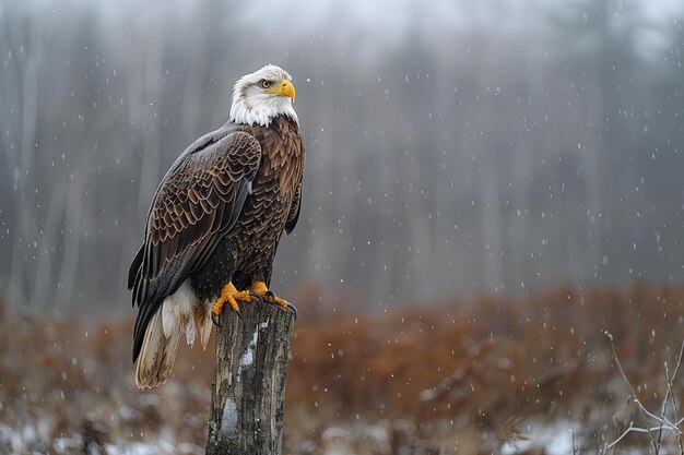 Digital image of eagle sits on a post to watch over the forest