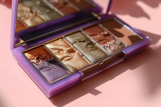 Digital image of eyeshadow palette with purple case on pink background