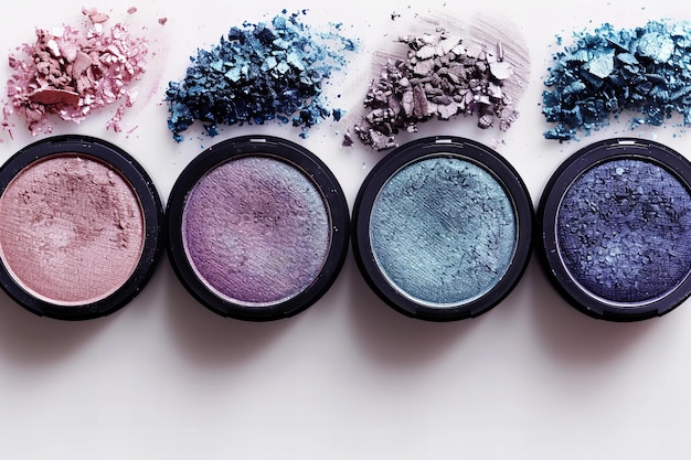 Photo digital image of five different styles of colors of eyeshadows on white background