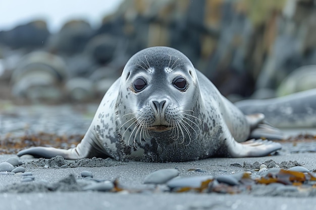 Digital image of grey sea seal lies on the beach looking at the camera