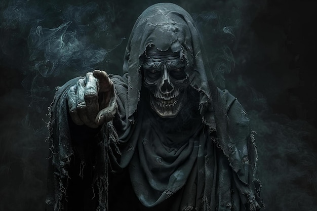 Digital image of grim reaper with hand pointing at camera against a dark background with dark lighti