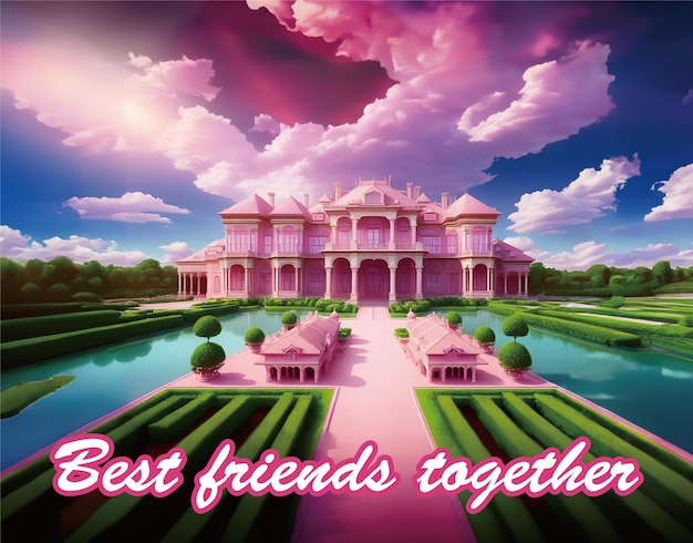 A digital image of heaven as you imagine it a beautiful pink world large houses palaces and villa