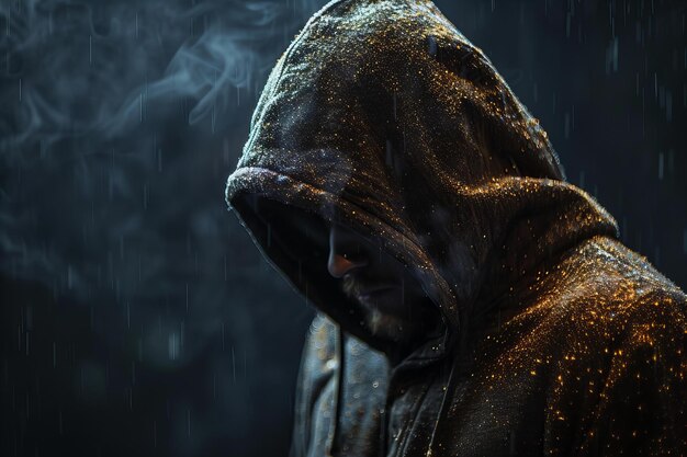 Digital image of hooded man in dark background isolated on black with copy space mysterious and bl