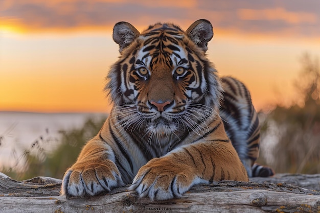 Digital image of majestic tiger resting on the log with beautiful sky at sunset background high re