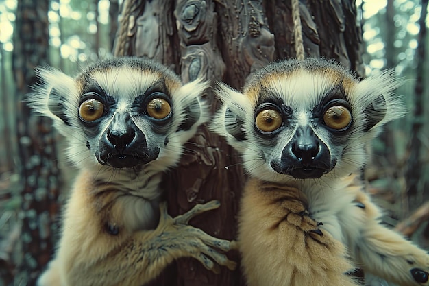 Digital image of pair of white and yellow lemurs hanging from a tree