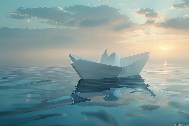 Digital image of photo of a paper boat floating on calm water representing freedom and the new begi