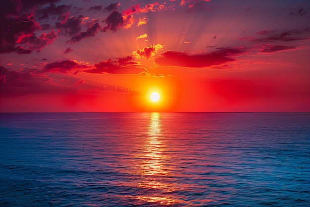 Digital image of red sunset over the ocean with sun in center of frame