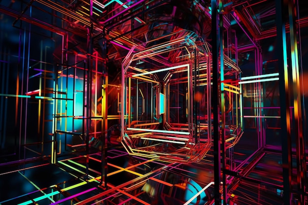 A digital image of a room with neon lights on it