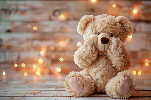 Digital image of sad teddy bear sitting on the floor covering his eyes with one hand on a wooden ba