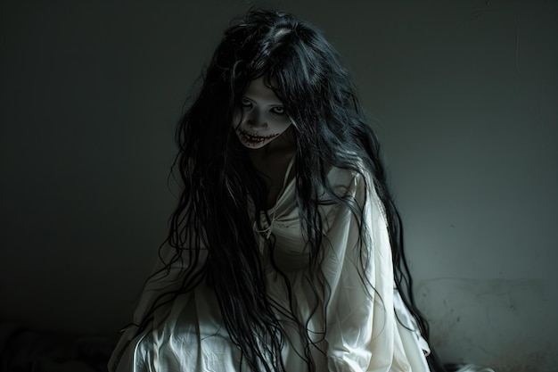 Digital image of scary zombie woman with long black hair wearing a white gown against a dark backgr