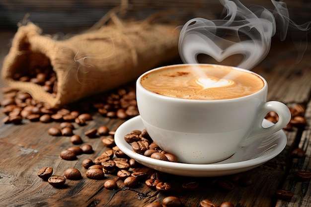 Digital image of steaming cup of coffee with heartshaped steam surrounded by scattered brown beans