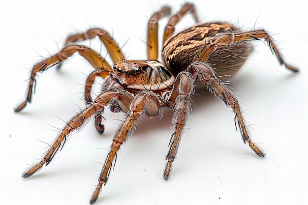 Digital image of top view of an entire brown house spider on white background