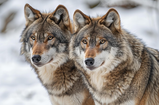 Digital image of two grey wolves with one standing on a white background