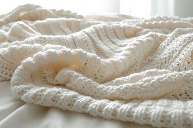 Digital image of white crocheted blanket white background closeup shot of the texture and details