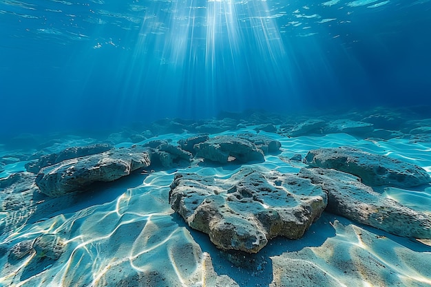 Digital image of wideangle shot of the ocean floor showing rugged rocks and sunbeams filtering th