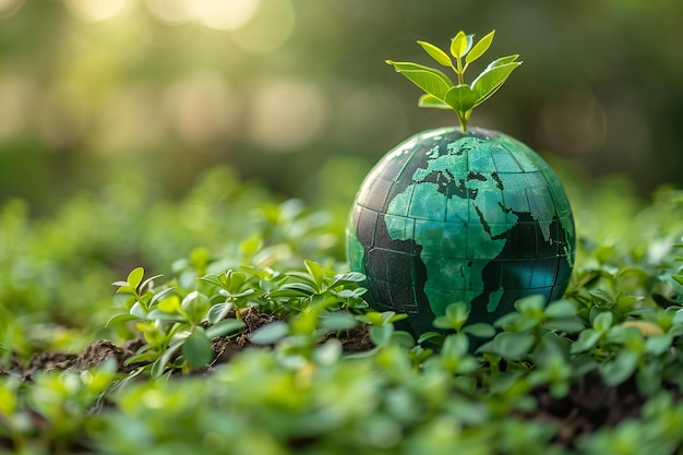 Digital image of world green globe sitting on top of a green plant in earth