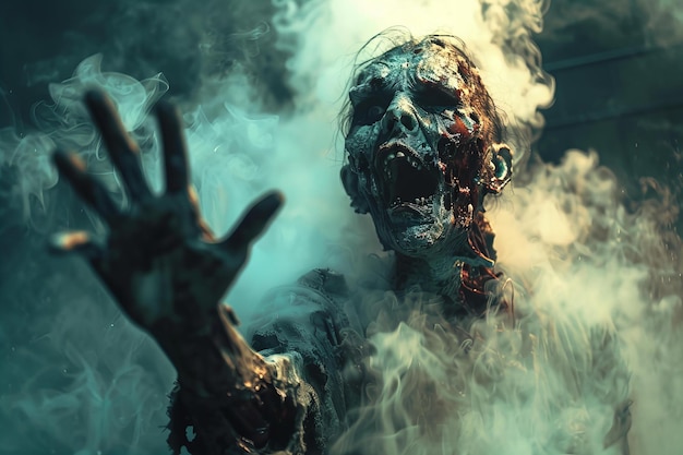 Digital image of zombie with an outstretched hand surrounded high quality high resolution