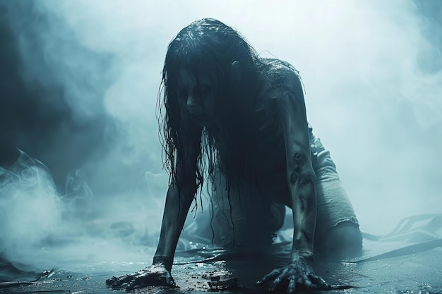 Digital image of zombie woman crawling on the ground foggy background dark atmosphere horror mov