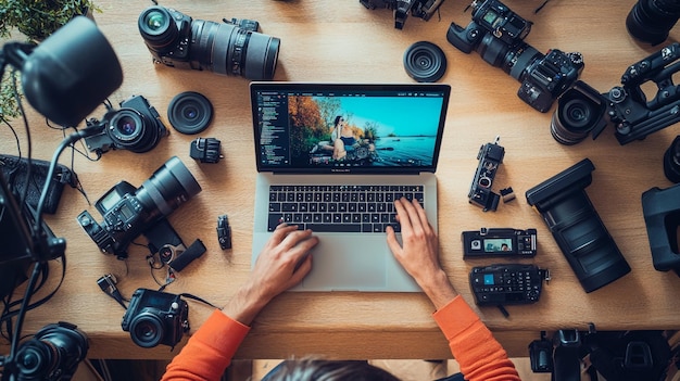 A digital influencer creating content on their laptop surrounded by cameras lights and social med