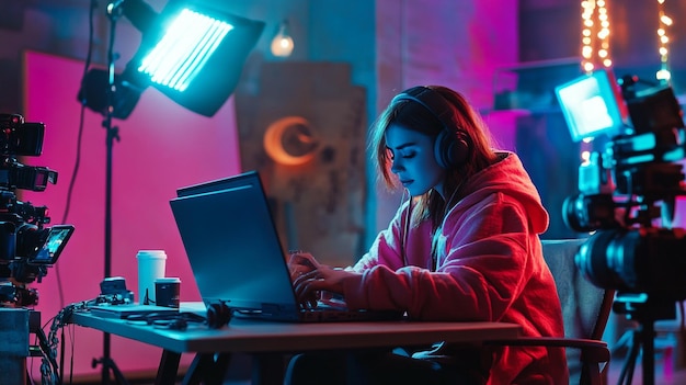 A digital influencer creating content on their laptop surrounded by cameras lights and social med