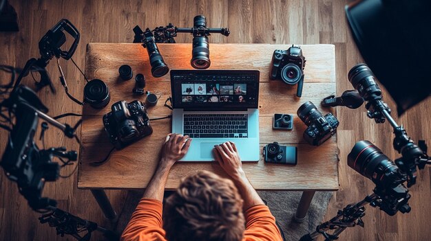 A digital influencer creating content on their laptop surrounded by cameras lights and social med