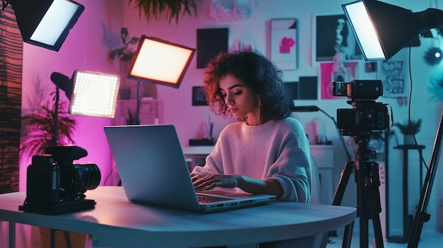 A digital influencer creating content on their laptop surrounded by cameras lights and social med