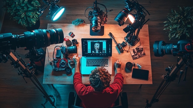 A digital influencer creating content on their laptop surrounded by cameras lights and social med