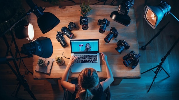 A digital influencer creating content on their laptop surrounded by cameras lights and social med