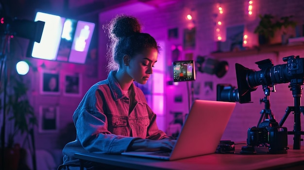 A digital influencer creating content on their laptop surrounded by cameras lights and social med