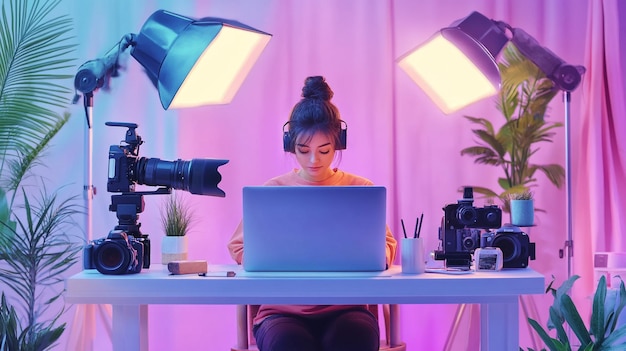 A digital influencer creating content on their laptop surrounded by cameras lights and social med