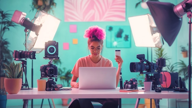 Photo a digital influencer creating content on their laptop surrounded by cameras lights and social med