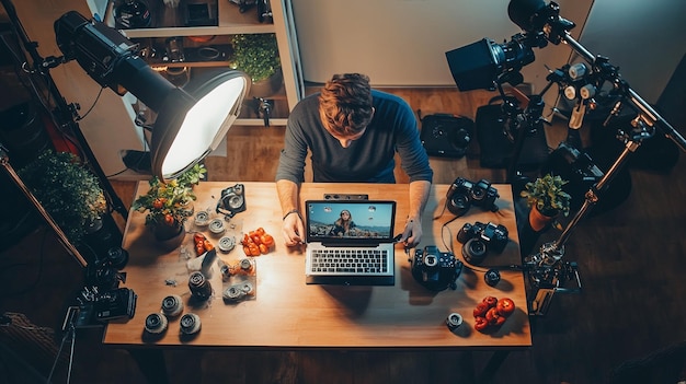 Photo a digital influencer creating content on their laptop surrounded by cameras lights and social med