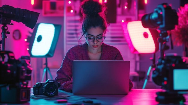 A digital influencer creating content on their laptop surrounded by cameras lights and social med