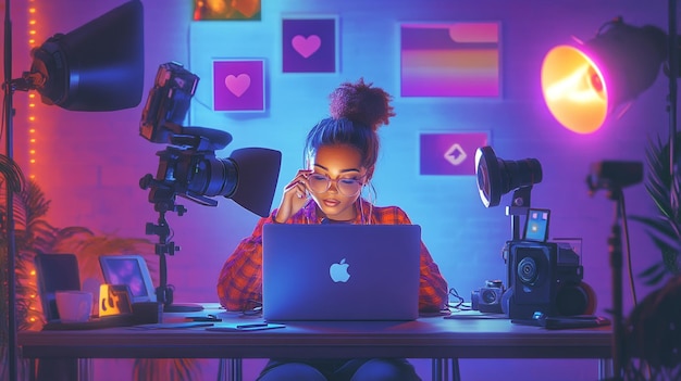 A digital influencer creating content on their laptop surrounded by cameras lights and social med