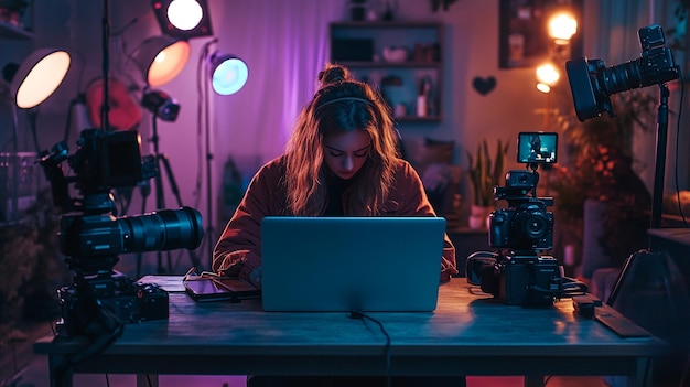 A digital influencer creating content on their laptop surrounded by cameras lights and social med