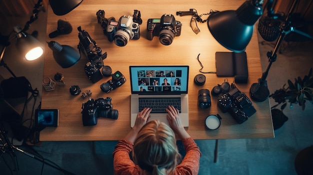 A digital influencer creating content on their laptop surrounded by cameras lights and social med