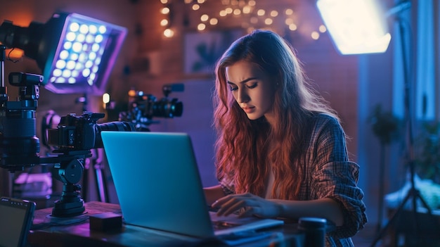 Photo a digital influencer creating content on their laptop surrounded by cameras lights and social med