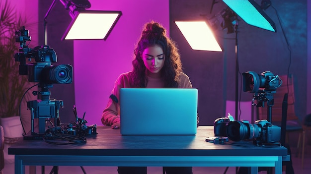 A digital influencer creating content on their laptop surrounded by cameras lights and social med