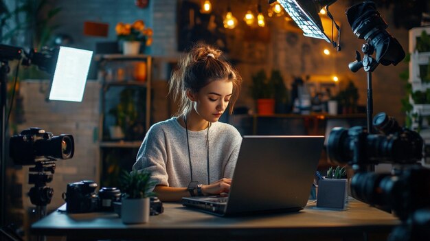 Photo a digital influencer creating content on their laptop surrounded by cameras lights and social med