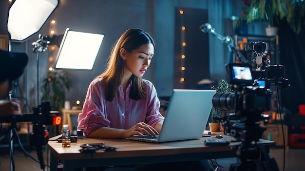 A digital influencer creating content on their laptop surrounded by cameras lights and social med